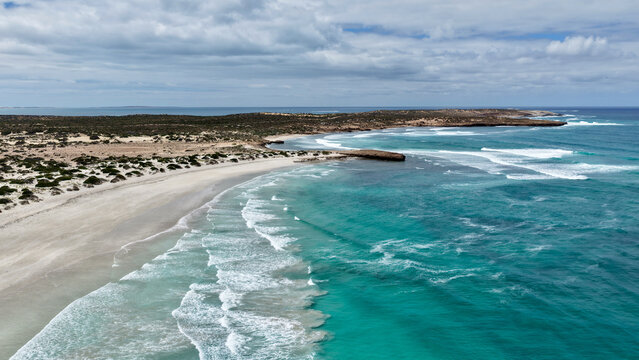 Penong, South Australia &ndash; 4k aerial drone view of Long Beach, Cactus Beach, coastal sand dunes, salt lakes, limestone cliffs and Southern Ocean shoreline