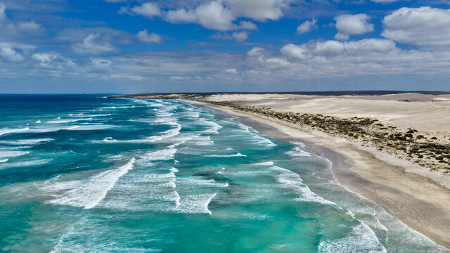 Penong, South Australia &ndash; 4k aerial drone view of Long Beach, Cactus Beach, coastal sand dunes, salt lakes, limestone cliffs and Southern Ocean shoreline