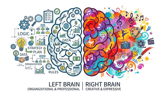 Left and Right Brain Hemispheres with Symbols.
