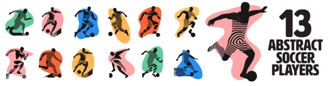Collection of 13 stylized soccer players in motion, featuring bold lines and abstract shapes for sports marketing and branding