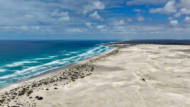 Penong, South Australia &ndash; 4k aerial drone view of Long Beach, Cactus Beach, coastal sand dunes, salt lakes, limestone cliffs and Southern Ocean shoreline