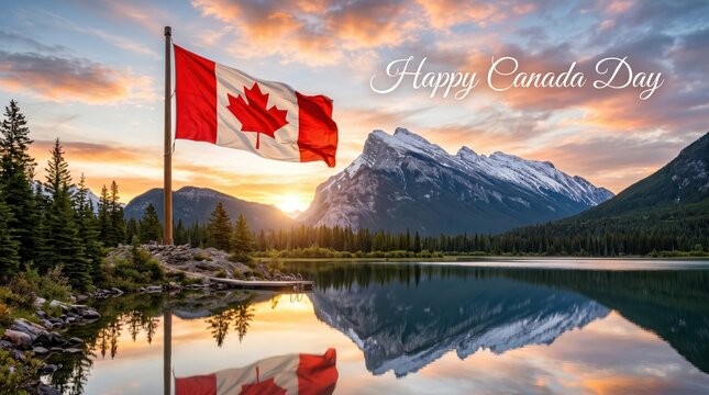 Canadian flag waving over a scenic mountain lake at sunset