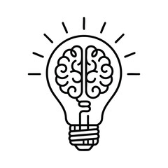 A black line drawing of a lightbulb with a brain inside on white background © kaziashabul24
