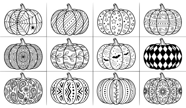 Set of 12 Decorative Patterned Halloween Pumpkin Outlines in 16:9 Aspect Ratio for Autumn Craft Stationery and Minimalist Graphic Design Elements Vector