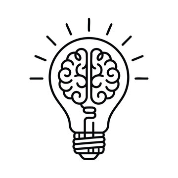 A black line drawing of a lightbulb with a brain inside on white background
