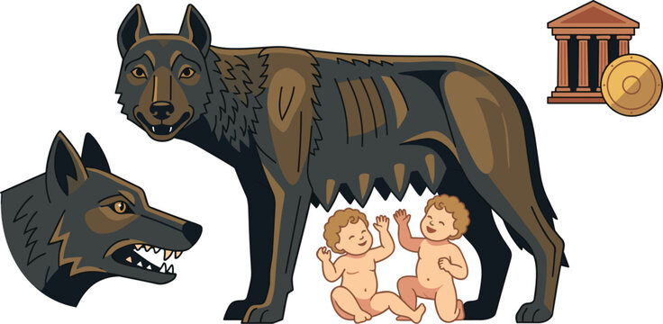 Capitoline Wolf Vector Set with Romulus and Remus Twins, Wolf Head, and Ancient Roman Temple Icon for History and Mythology Graphic Designs