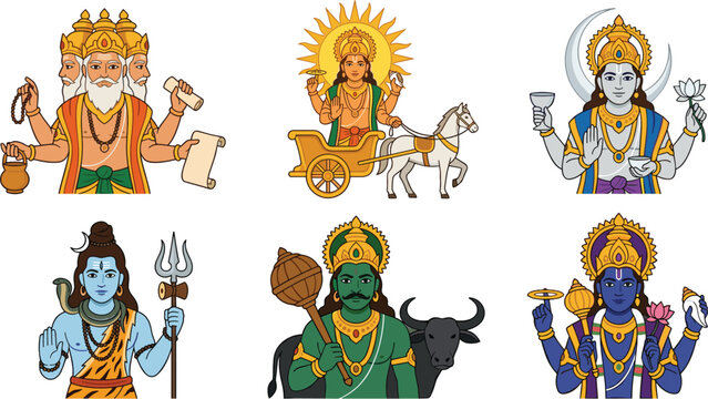 Hindu Gods and Deities Vector Character Set with Lord Brahma, Shiva, Vishnu, Surya, Yama, and Chandra for Religious Festival Creative Designs