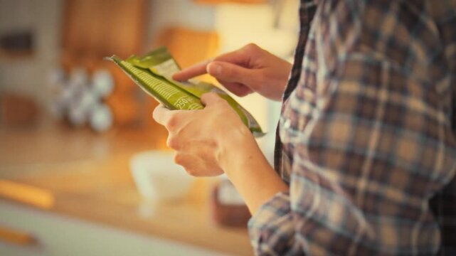 In kitchen, girl scans the ingredients on a product's plastic packaging, hunting for harmful additives. Her careful check underscores a focus on proper nutrition, food safety, and a healthy lifestyle