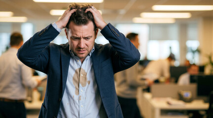 Obraz premium Frustrated businessman holding his head in despair after spilling coffee on his blue shirt during a busy day at the corporate office, feeling overwhelmed and embarrassed by the mess.