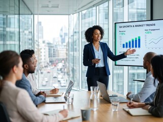 Fototapeta premium diverse businesswoman presenting growth trends to engaged team in modern office