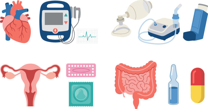 Medical Anatomy and Healthcare Vector Set with Human Heart, Defibrillator, Inhaler, Female Reproductive System, Contraceptives, Intestines, and Pharmacy Elements