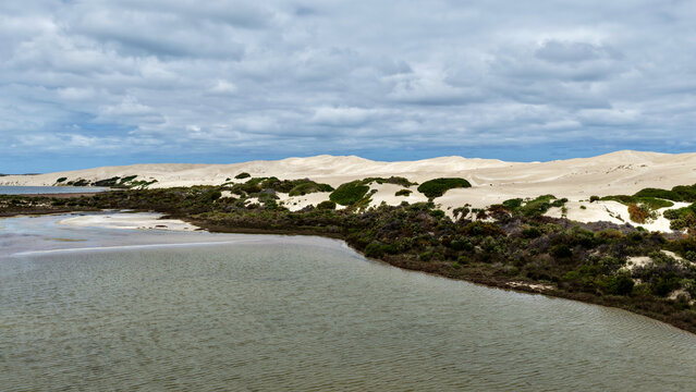Penong, South Australia &ndash; 4k aerial drone view of Long Beach, Cactus Beach, coastal sand dunes, salt lakes, limestone cliffs and Southern Ocean shoreline