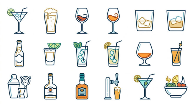 Collection of various alcoholic and non-alcoholic drinks in glasses and bottles.