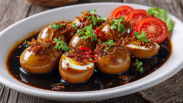 Sweet soy sauce braised eggs or traditional Indonesian telur pindang garnished with fried shallots
