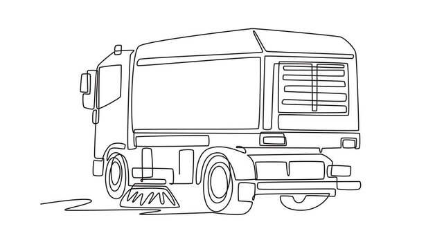 Self drawing animation single line draw back view of large street sweeper truck, showing massive storage compartment, ventilation grille, side sweeping brushes. Continuous line. Full length animated