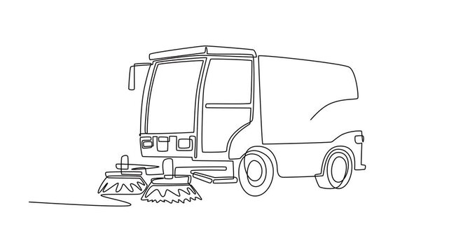 Self drawing animation of single line draw municipal street sweeper vehicle, highlighting front cabin, bottom sweeping broom, large rear storage container. Continuous line draw. Full length animated