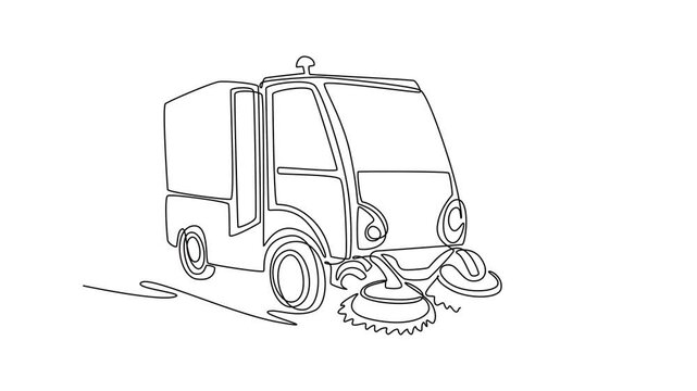 Self drawing animation of single line draw compact street sweeper truck, showing front cabin, rotating brushes at the bottom, waste collection compartment. Continuous line draw. Full length animated