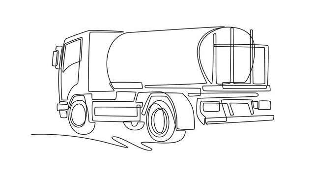 Animated self drawing of continuous line draw back view of city maintenance water tanker truck. It cylindrical liquid container tank, robust chassis, and side wheels. Full length single line animation