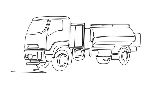 Self drawing animation of single line draw city maintenance vehicle with large water tank for watering city garden, featuring a detailed driver cabin and wheels. Continuous line. Full length animated