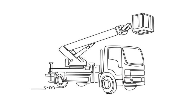 Animated self drawing of continuous line draw city service cherry picker truck. Its detailed driver cabin and an extended telescopic boom raising square work basket. Full length single line animation