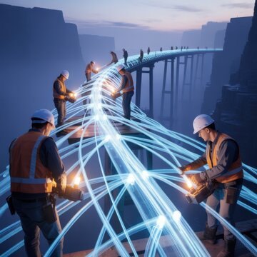 Engineers working on digital bridge connecting data networks in a canyon landscape