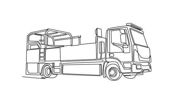 Animated self drawing of continuous line draw city utility maintenance flatbed truck, featuring driver cabin, open chassis platform, rear safety frame cage structure. Full length single line animation