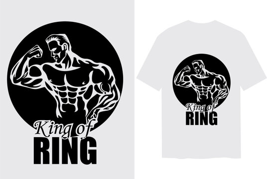 King of ring bodybuilding t-shirt design with muscular man flexing biceps silhouette