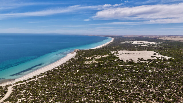 Perlubie Beach, Eyre Peninsula, South Australia &ndash; 4K Aerial Drone view of Turquoise Waters, White Sand Dunes and Remote Coastal Landscape near Eba Anchorage and Streaky Bay in Dry Season.