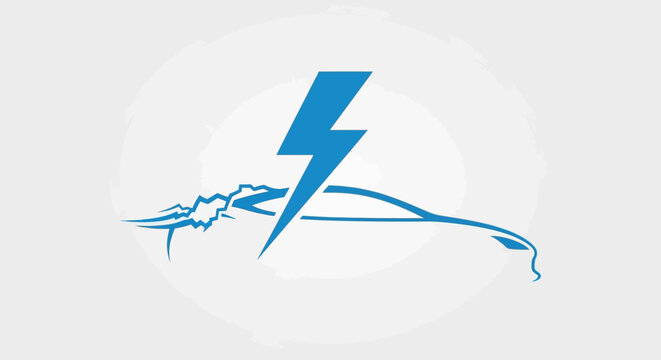 Blue electric vehicle silhouette with lightning bolt symbol representing fast charging power