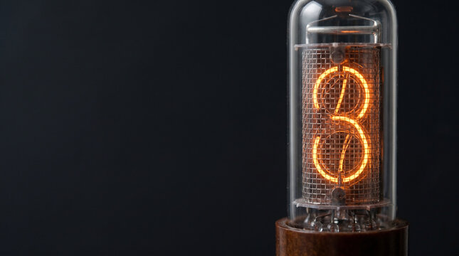 Single vintage nixie tube with glowing amber wire mesh cathodes inside glass cylinder on charcoal background, retro electronics display concept.
