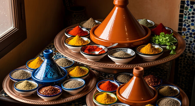 Moroccan tagines and spices on tiered trays, nobody, indoors