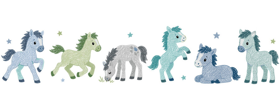 Cute cartoon foals in various pastel colors with stars and grass