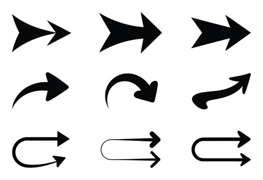 Collection of nine black arrows pointing in various directions