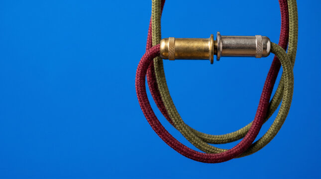Two vintage telephone operator patch cords with metal plugs connected on cobalt background, early network switching and internet precursor concept.