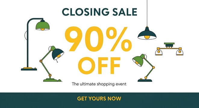 Closing sale banner with modern lamp and lighting fixtures