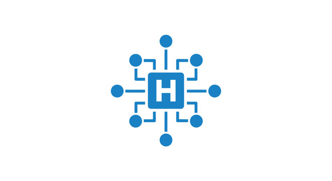 A blue digital icon representing a central hub with connected data nodes