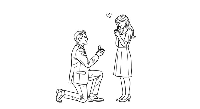 Man proposing to woman with engagement ring, line art illustration