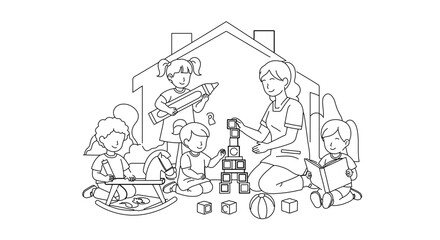 Naklejka premium Children playing in a preschool classroom with a teacher, line art coloring page for kids