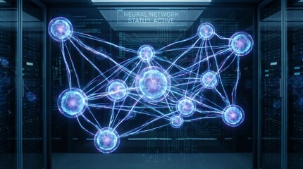 Obraz premium Abstract neural network connections, digital technology background, futuristic and complex data processing visual, artificial intelligence concept, high-tech interconnected nodes.