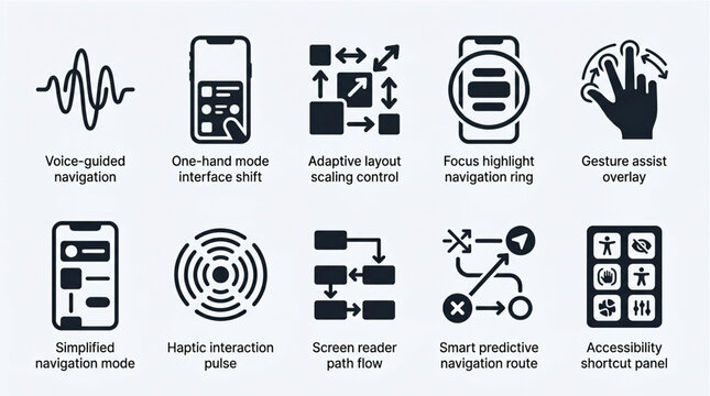 UI/UX icons depicting digital accessibility features, intuitive navigation, and dynamic interaction methods for apps