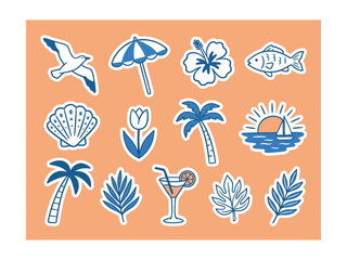 Obraz premium Tropical vacation icons set with beach and summer symbols and objects and leaves simple illustrations