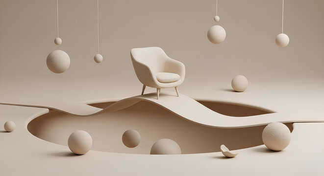 Minimalist 3D Clay Armchair on Abstract Sweeping Ribbon Path