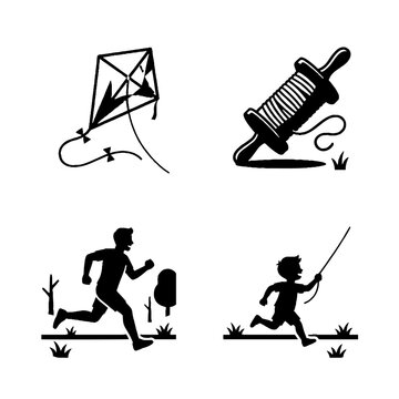 Black and white vector icon set featuring a kite a spool of string and silhouettes of a man and a child running outdoors in a park setting