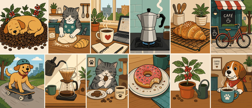 Cute cartoon animals and coffee-themed illustrations for a cozy lifestyle