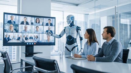 Fototapeta premium Business team meeting with robotic assistant presenting data during a board room discussion, showcasing future technology and collaboration in a modern office environment.
