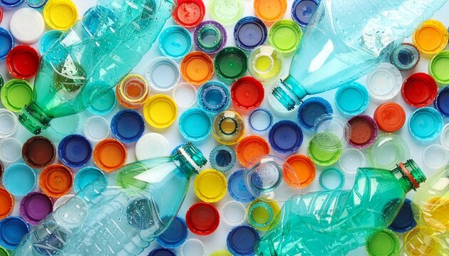 Multiple colorful plastic bottle caps and clear empty plastic bottles scattered around. Suitable for environmental awareness campaigns or recyclingthemed designs.