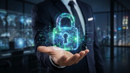 Fototapeta premium Futuristic digital padlock floating in a man's hand, a symbol of cybersecurity, data protection, blockchain technology, and digital privacy in a modern technological world.