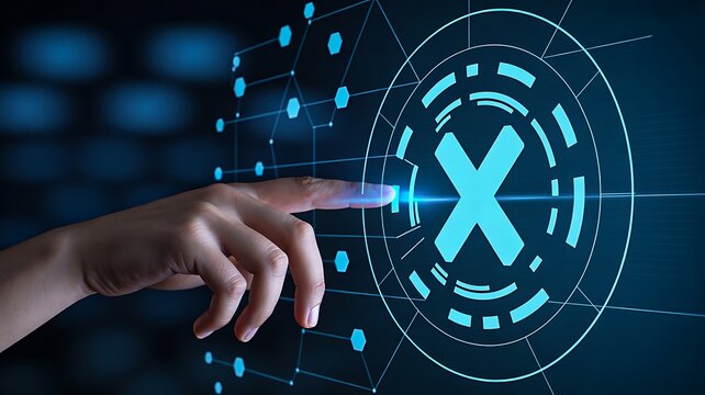 Finger touching digital cancel button on futuristic technology interface