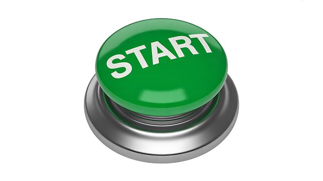 Green start button isolated on white background representing launch and beginning concept
