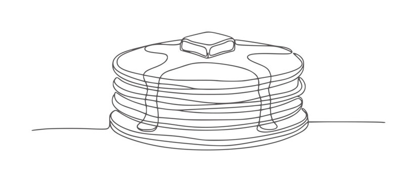 Stack of pancakes with melting butter and syrup line breakfast